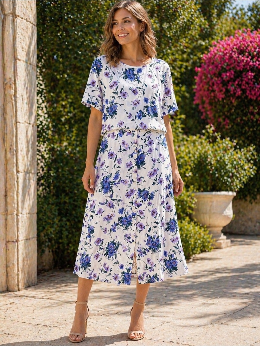 Cristin Steven’s White Floral Top and Skirt Set with Blue & Purple Blooms